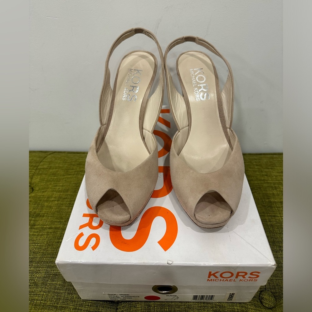 Kors Michael Kors - Vivian Khaki Suede Slingback Peep-Toe Wedge